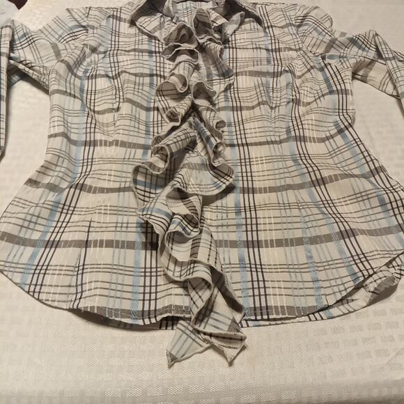 Signature by Larry Levine Women's Small Ruffle Blouse Long Sleeve Striped Blue - Picture 6 of 8